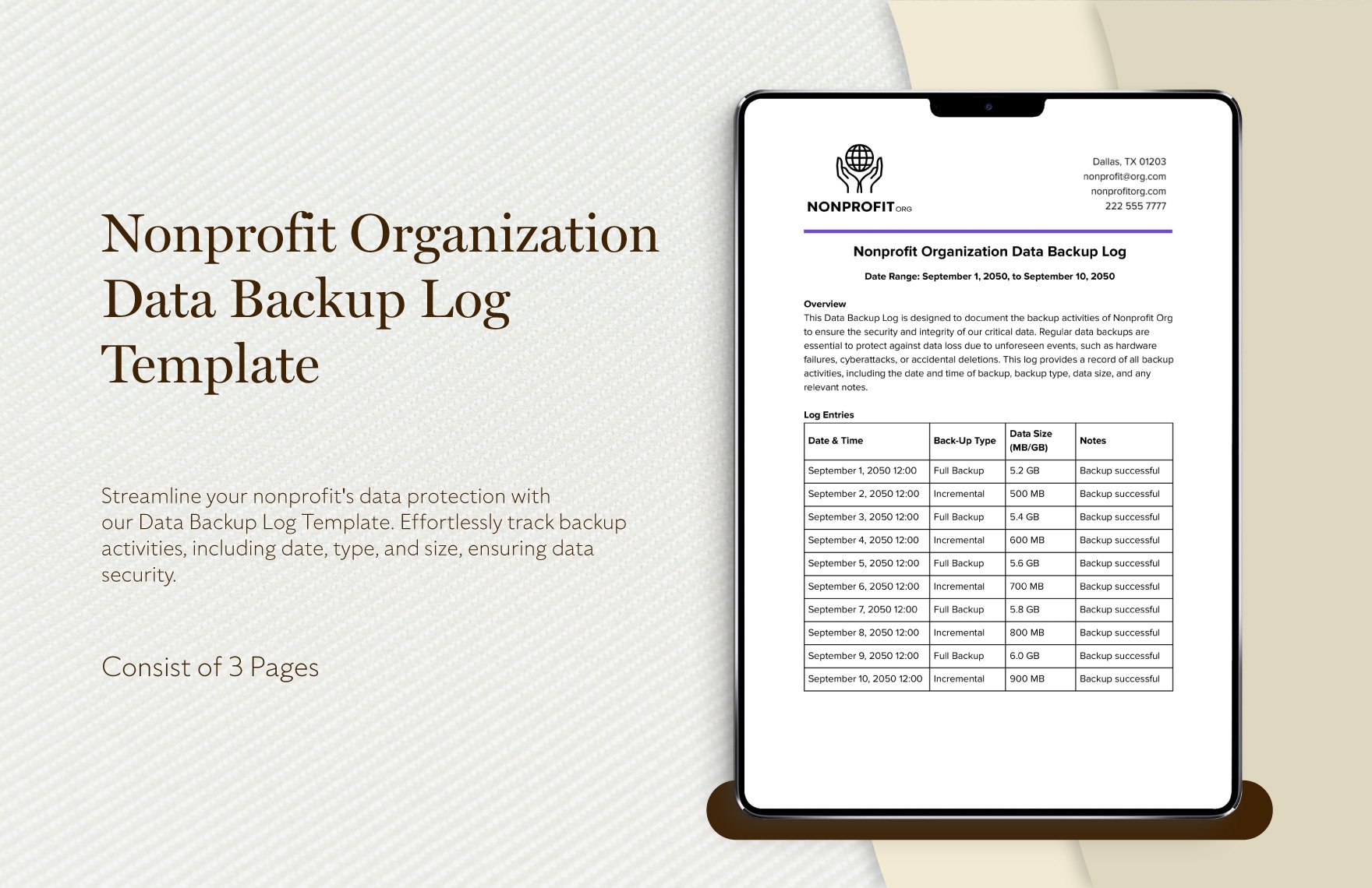 Nonprofit Organization Data Backup Log Template