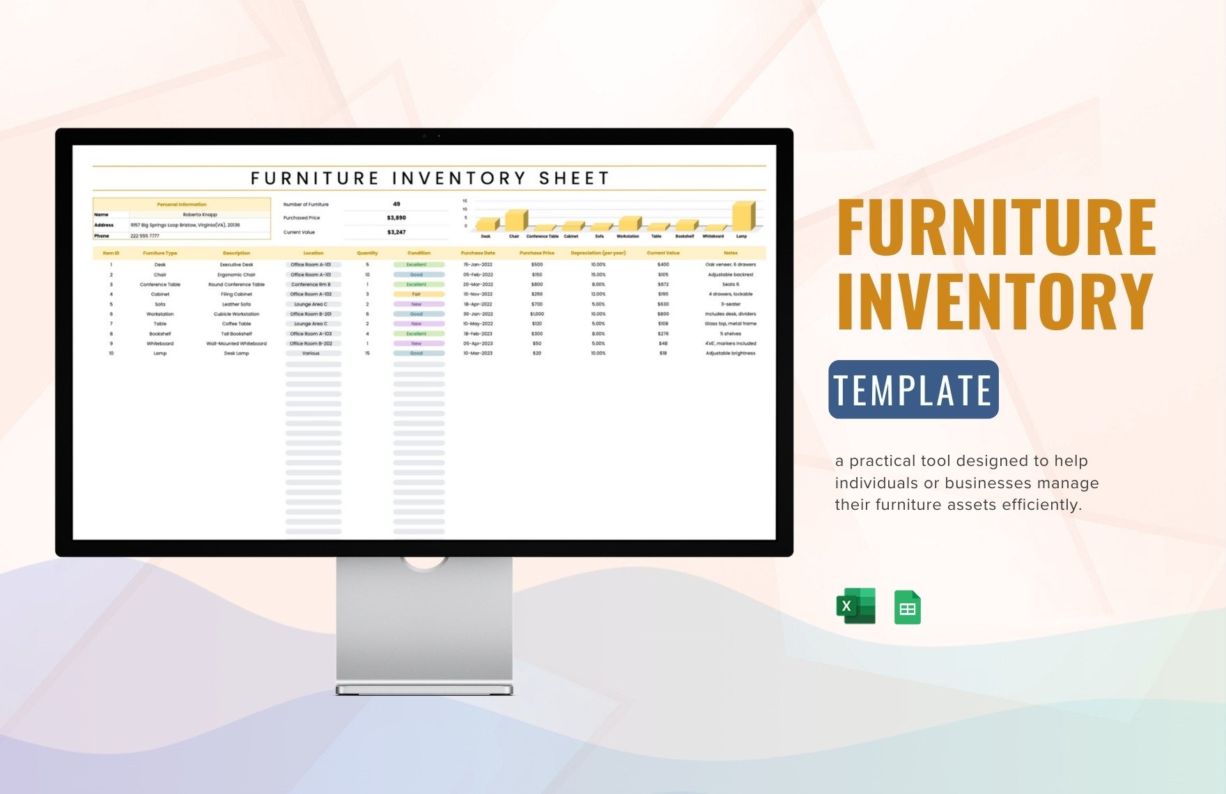 Furniture Inventory Template in Excel, Google Sheets