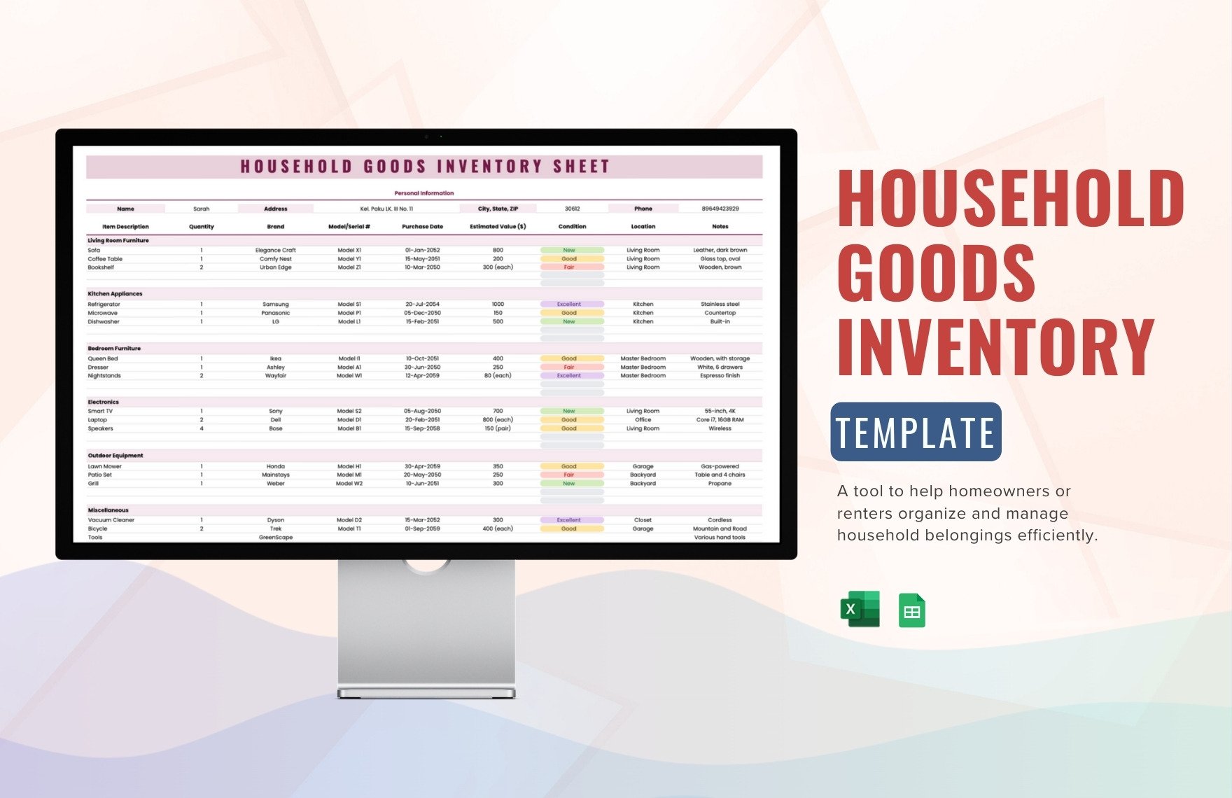 Free Household Goods Inventory Template in Excel, Google Sheets