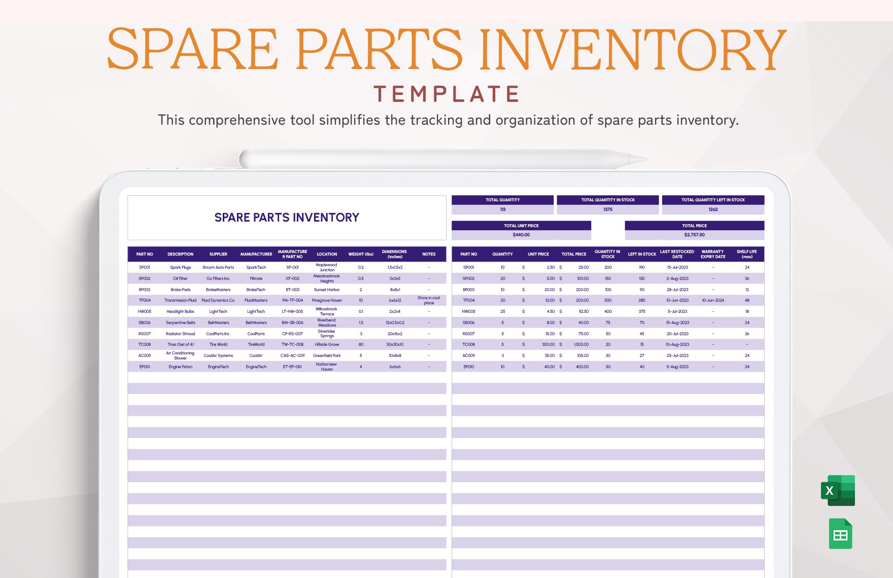 Spare Parts Inventory Template