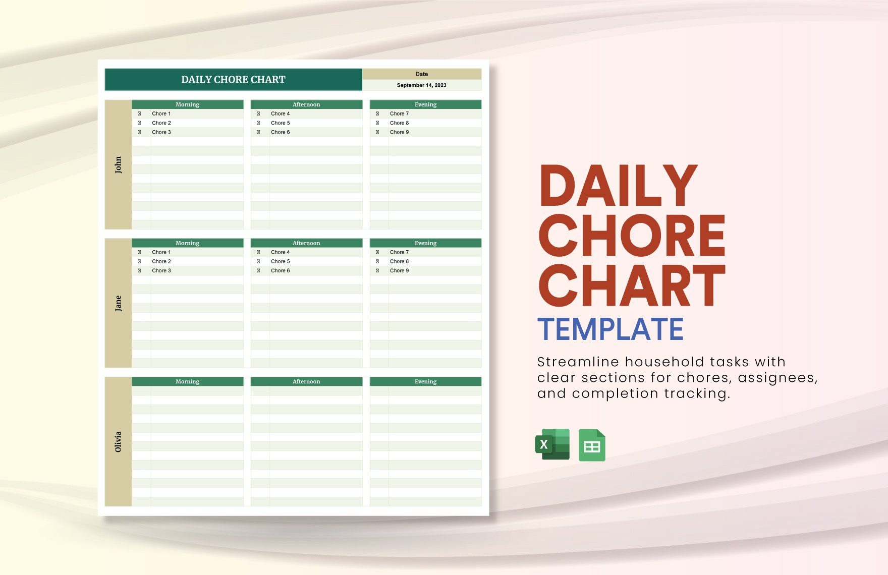 Daily Chore Chart Template in Excel, Google Sheets