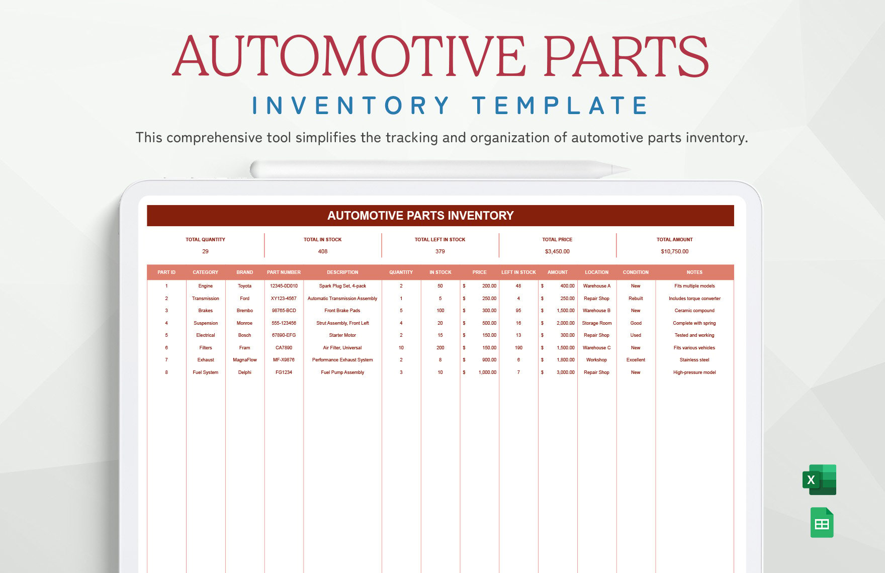 Automotive Parts Inventory Template in Excel, Google Sheets