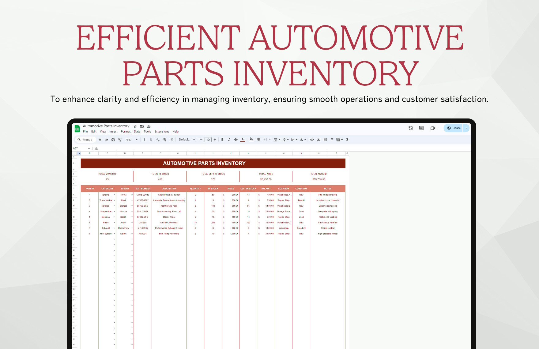 Automotive Parts Inventory Template