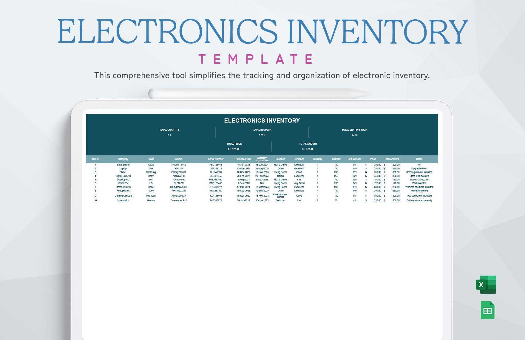 Electronics Inventory Template in Excel, Google Sheets