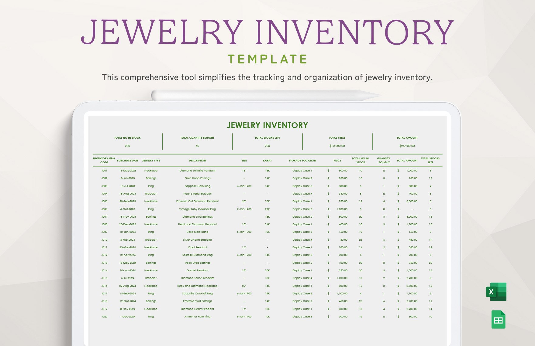 Jewelry Inventory Template