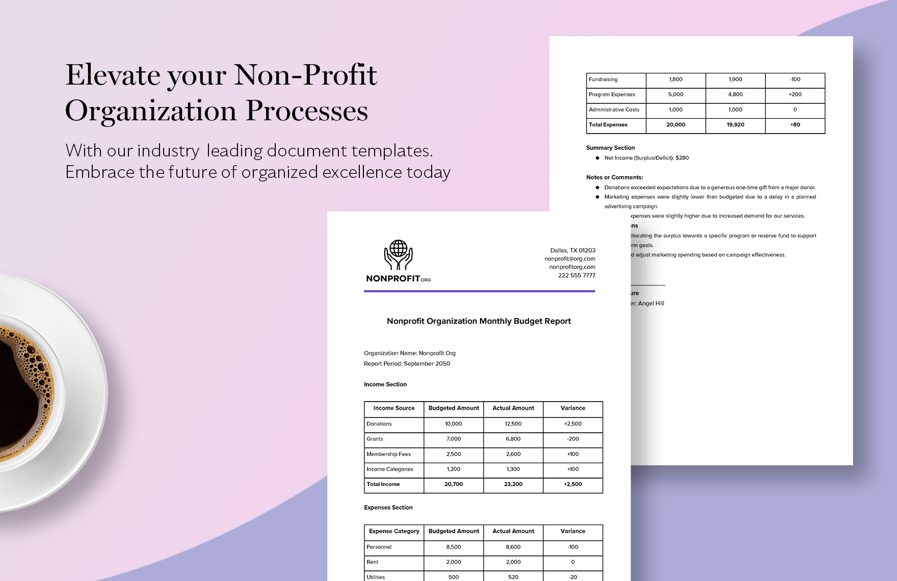 Nonprofit Organization Monthly Budget Report Template