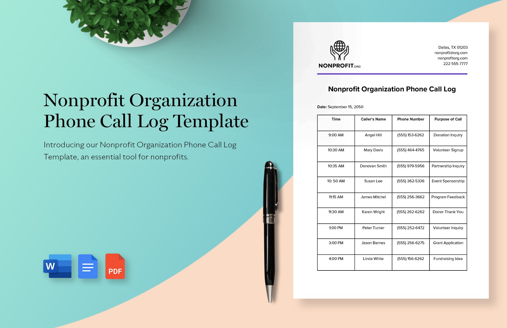 Nonprofit Organization Phone Call Log Template