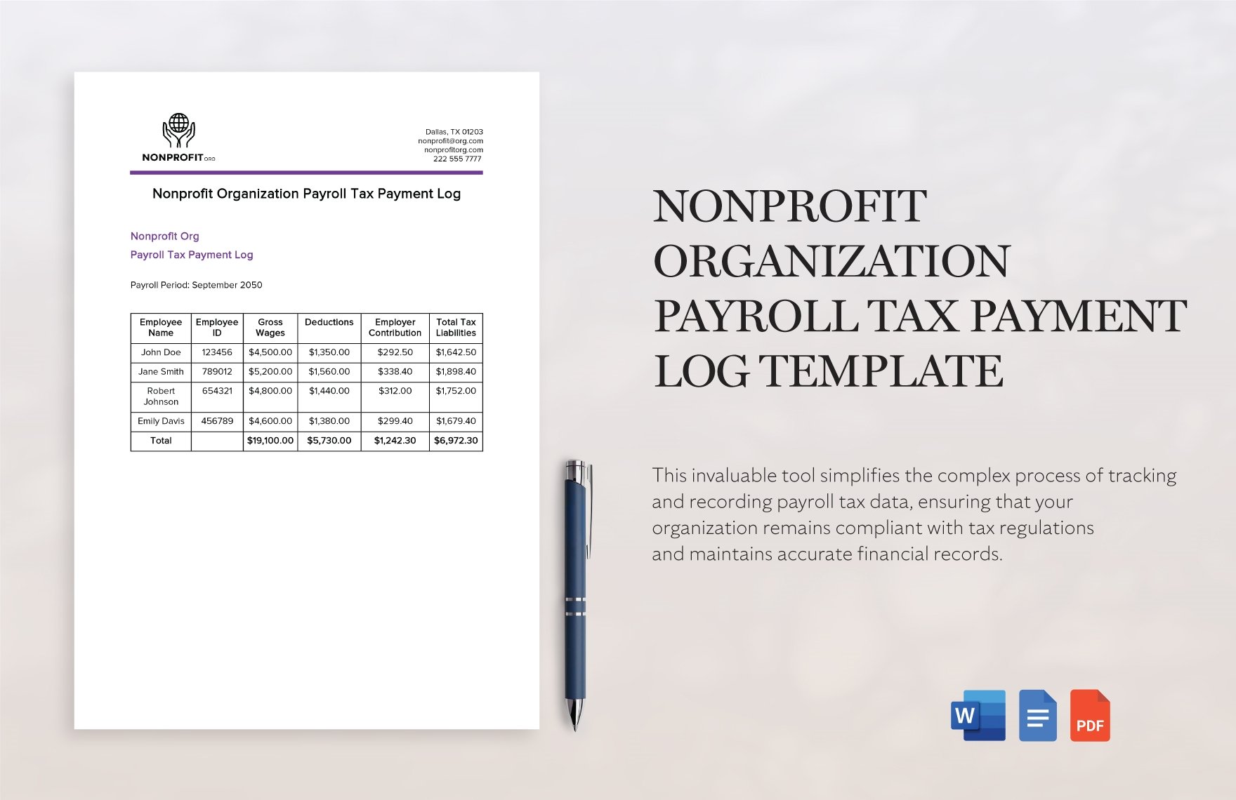 Nonprofit Organization Payroll Tax Payment Log Template in Word, Google Docs, PDF