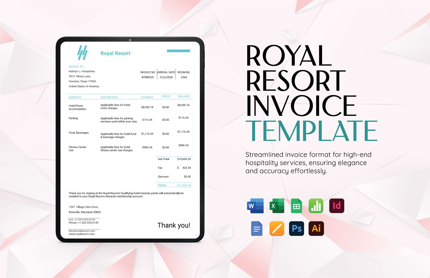 Royal Resort Invoice Template in Word, Google Docs, Excel, Google Sheets, Illustrator, PSD, Apple Pages, InDesign, Apple Numbers