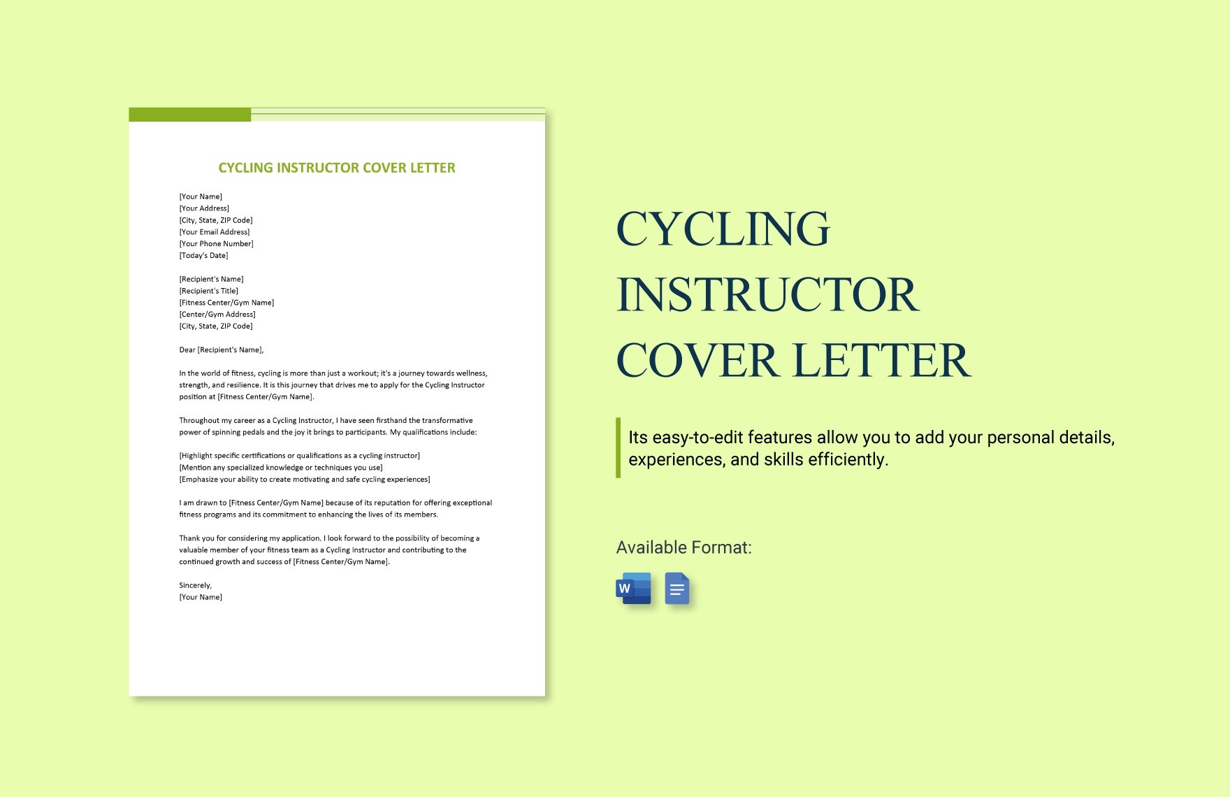 Cycling Instructor Cover Letter in Word, Google Docs