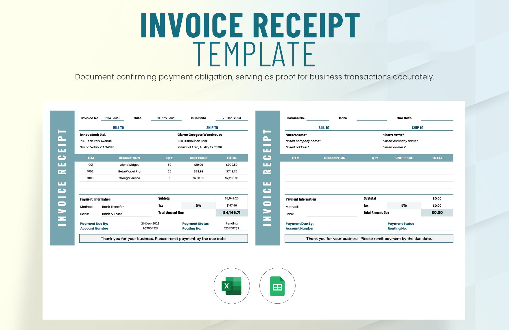 Invoice Receipt Template in Excel, Google Sheets