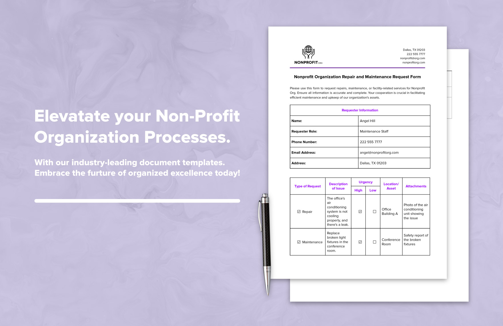Nonprofit Organization Repair and Maintenance Request Form Template