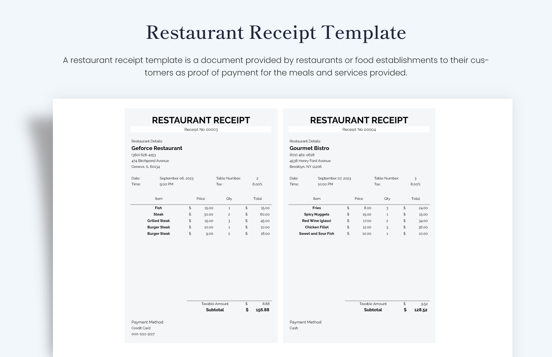restaurant receipt sample