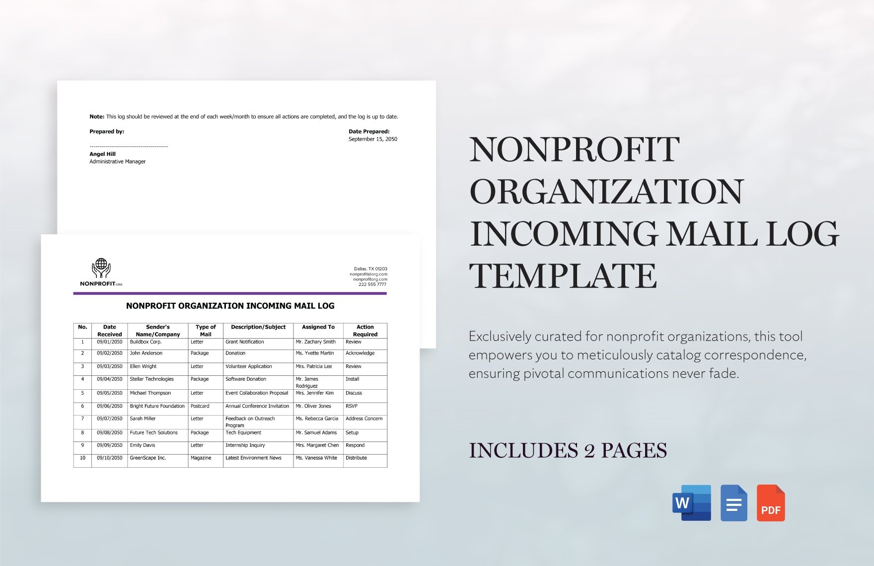 Nonprofit Organization Incoming Mail Log Template in Word, Google Docs, PDF