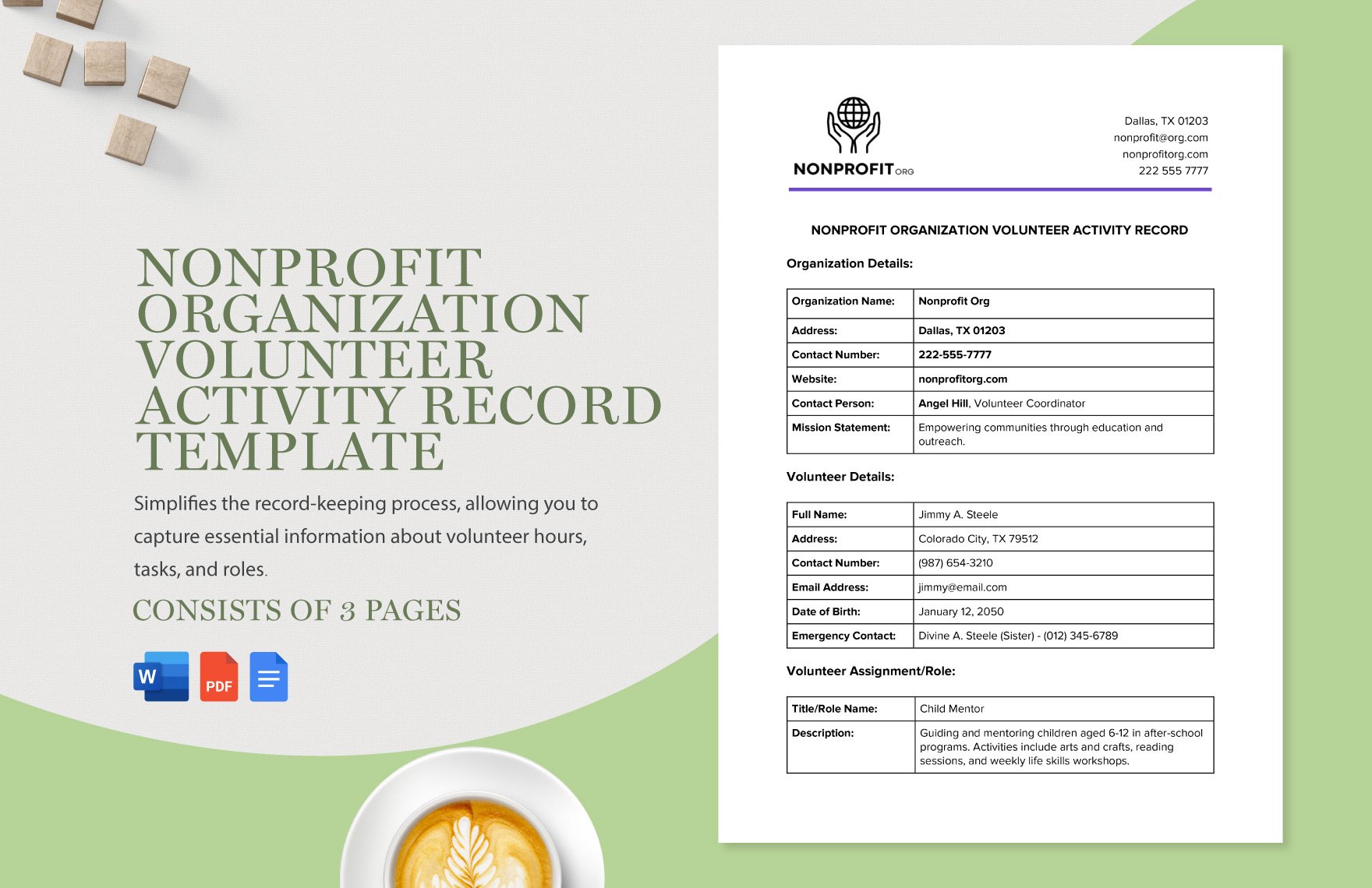 Nonprofit Organization Volunteer Activity Record Template in Word, Google Docs, PDF