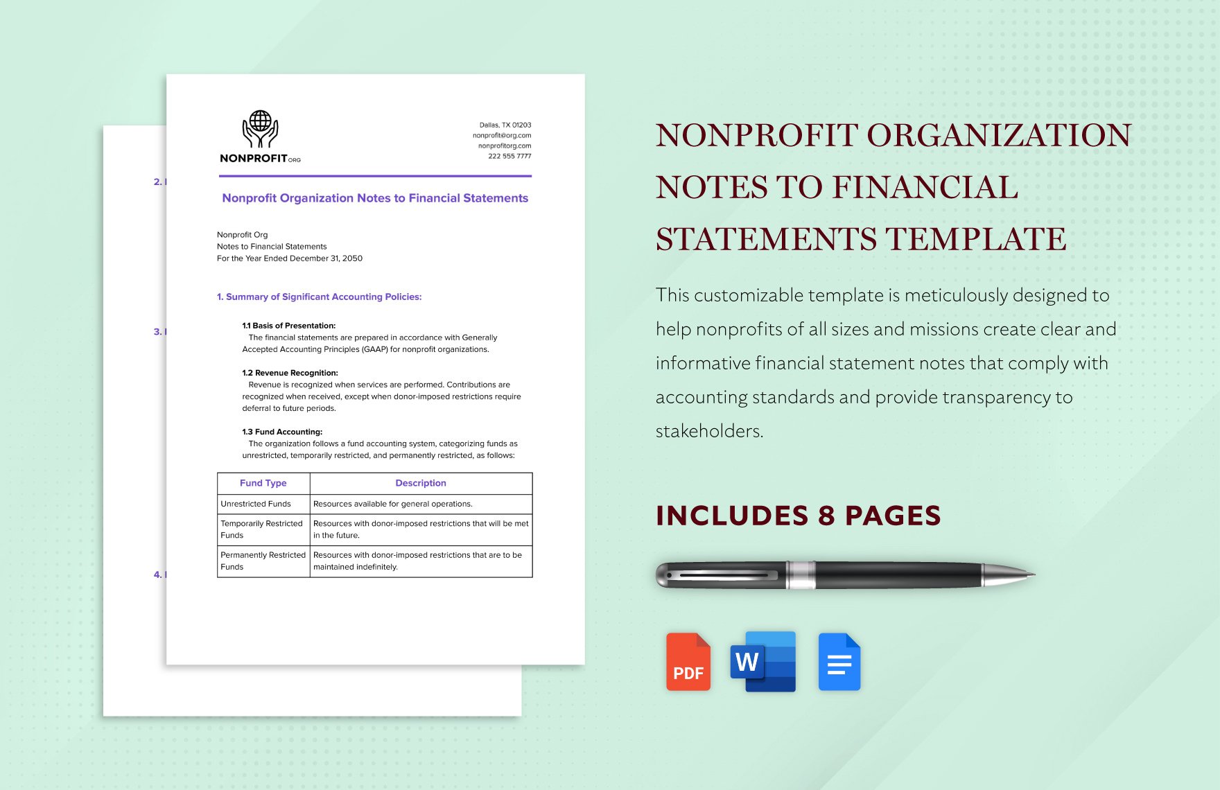Nonprofit Organization Notes to Financial Statements Template in Word, Google Docs, PDF