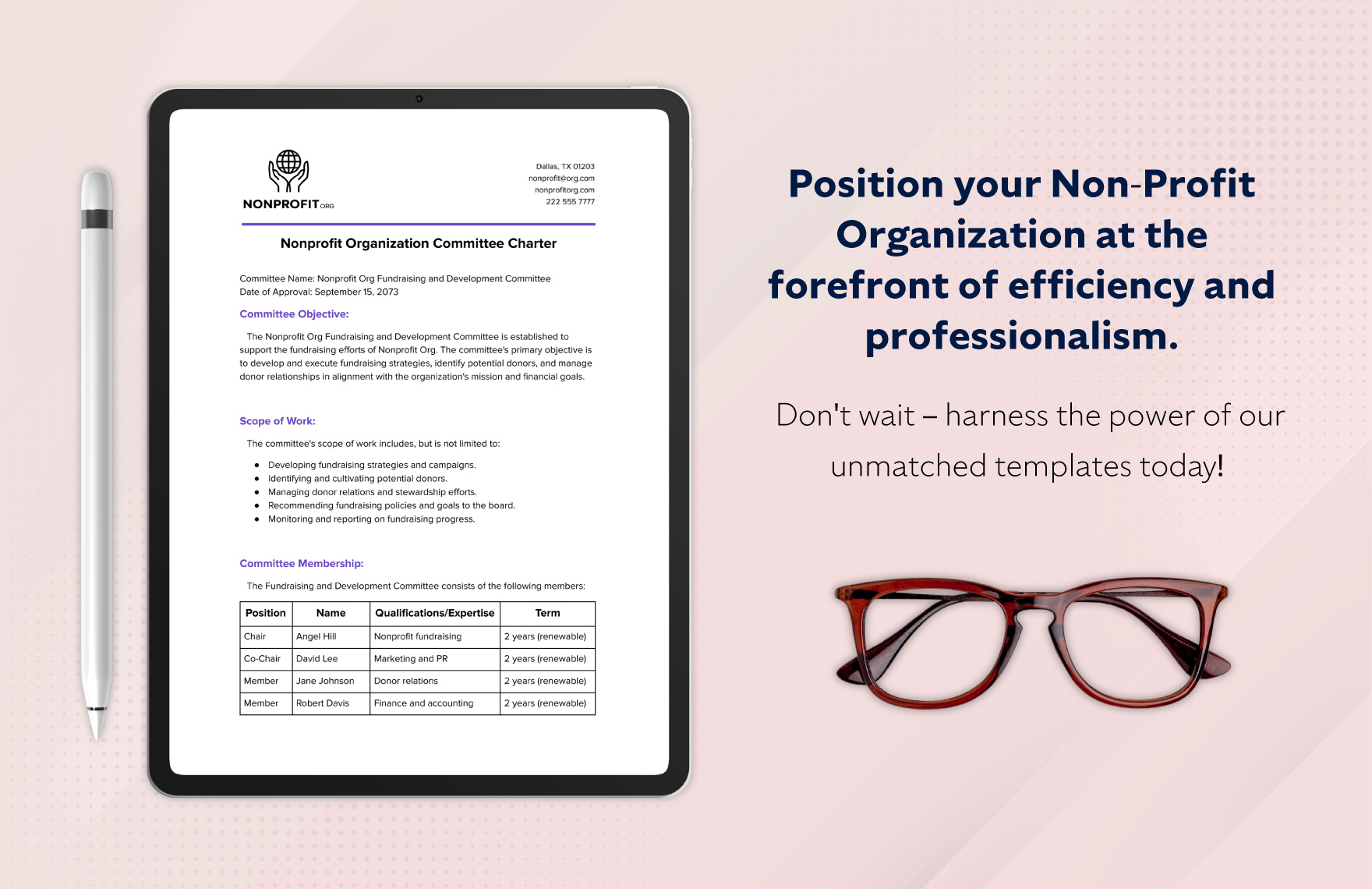 Nonprofit Organization Committee Charter Template in Word PDF Google