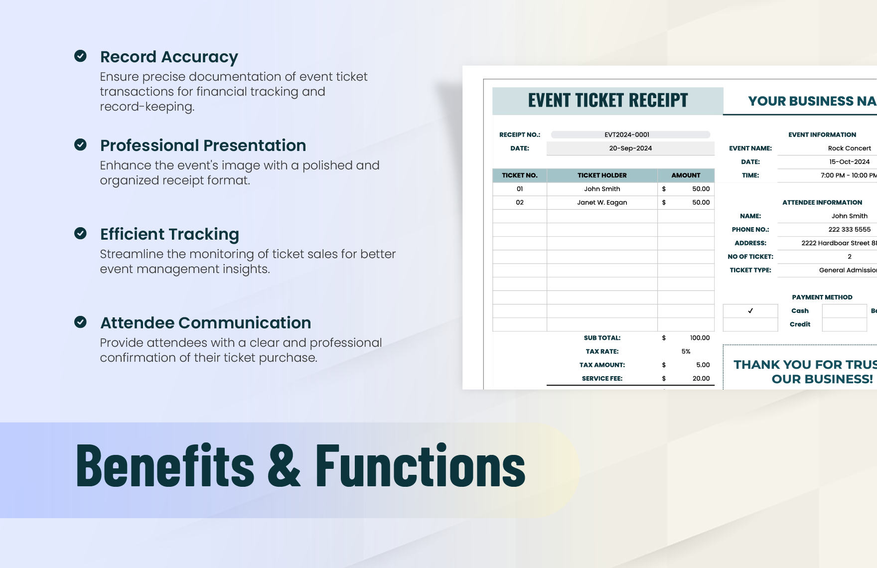 Event Ticket Receipt Template in Excel Google Sheets Download