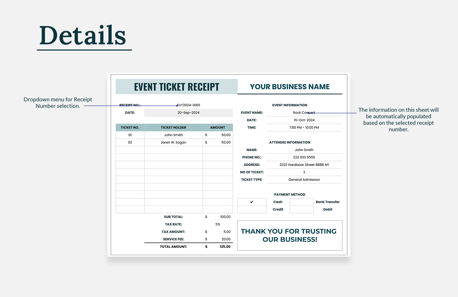 Event Ticket Receipt Template Download in Excel Google Sheets