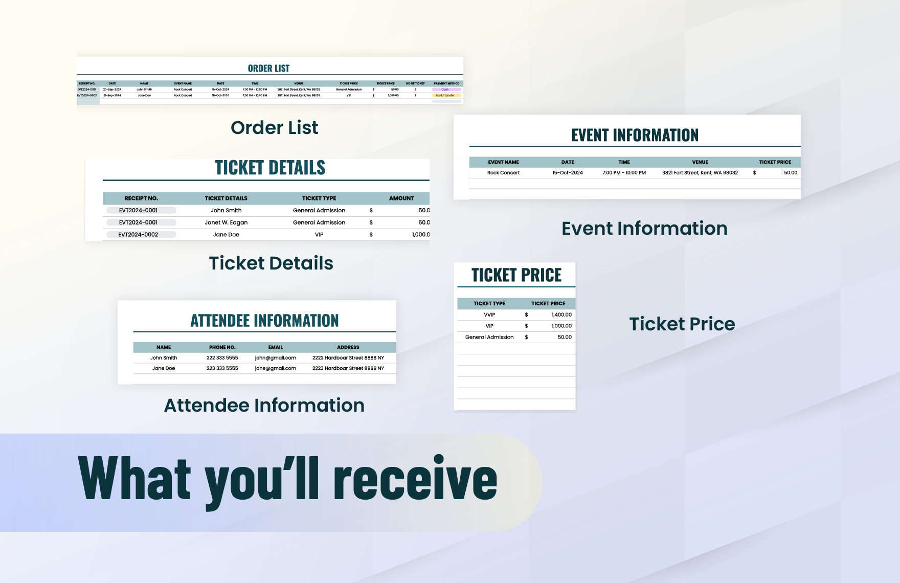 Event Ticket Receipt Template in Excel Google Sheets Download