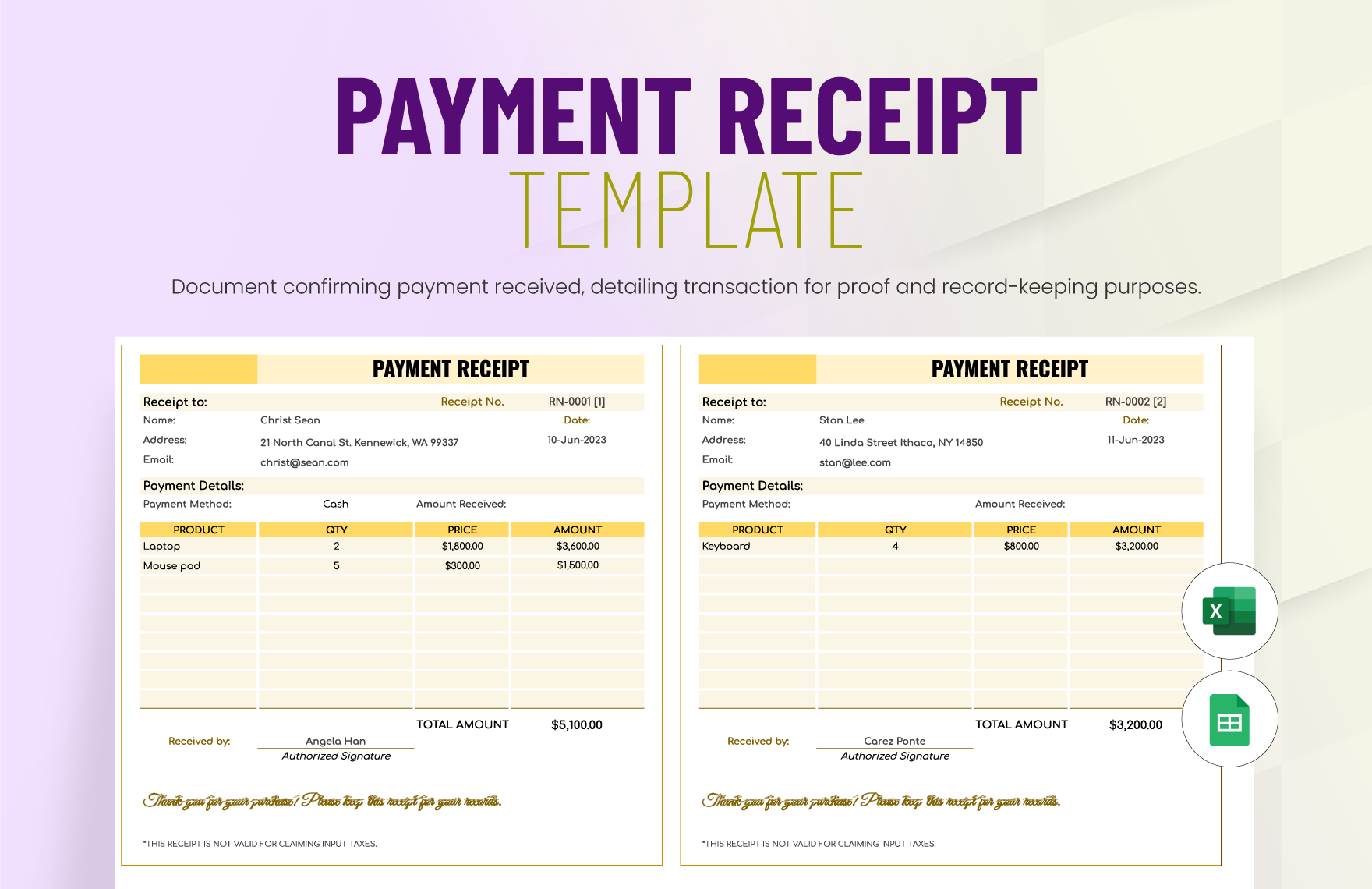 Payment Receipt Template in Excel, Google Sheets