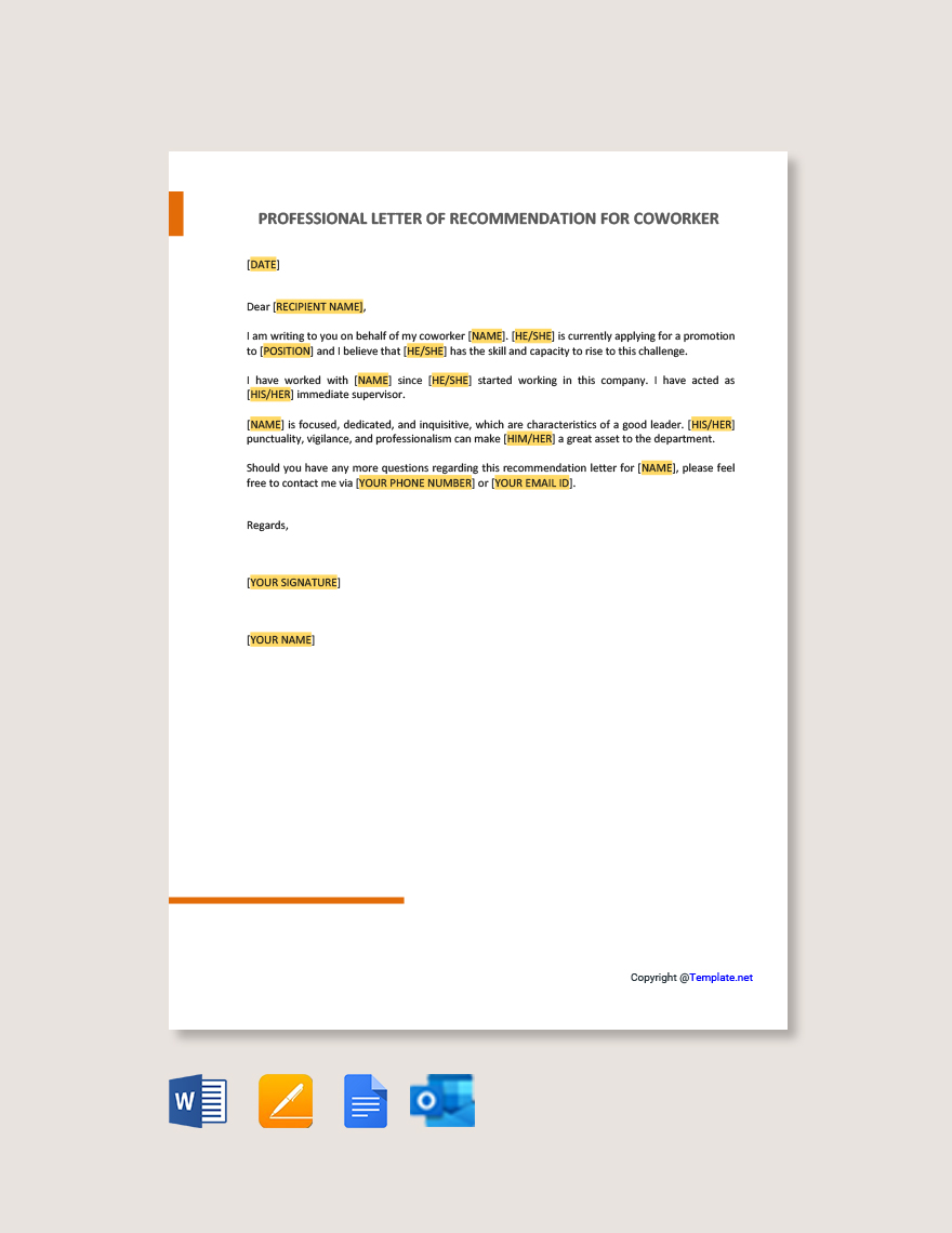 Free Professional Letter Of Recommendation For Coworker Template