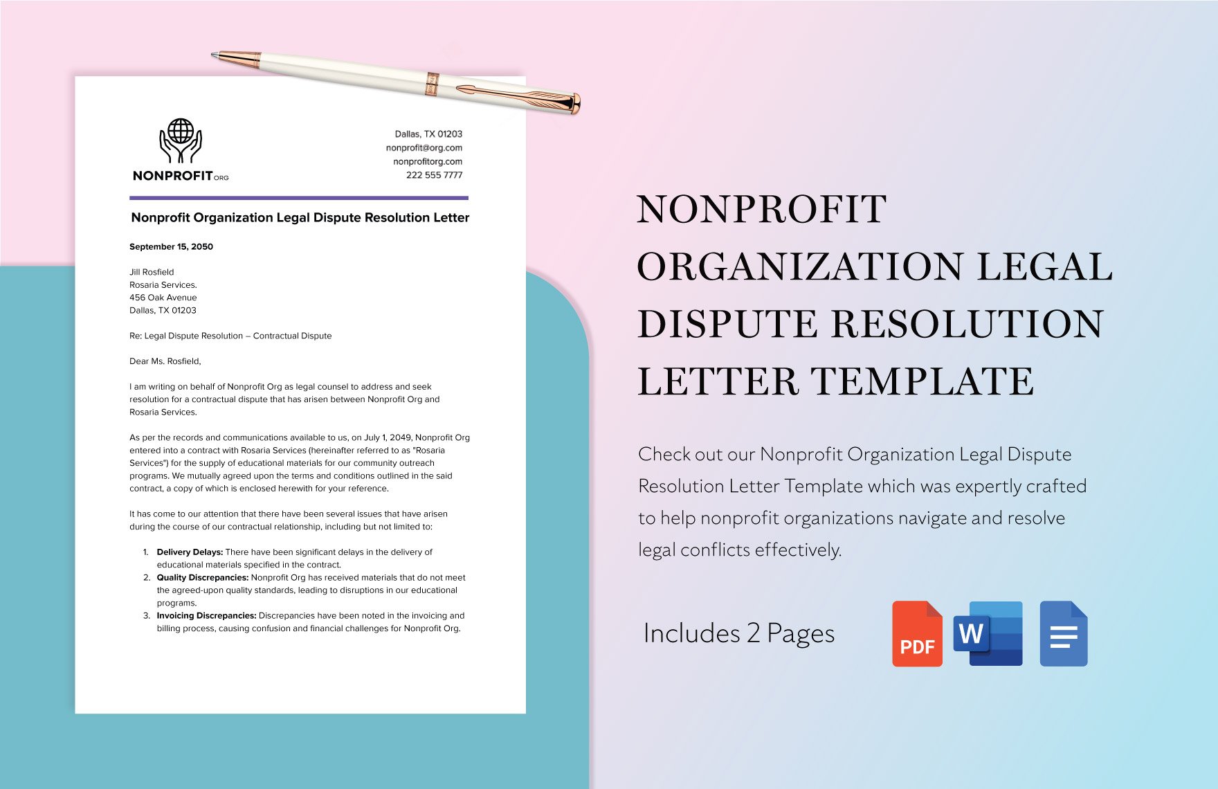 Nonprofit Organization Legal Dispute Resolution Letter Template