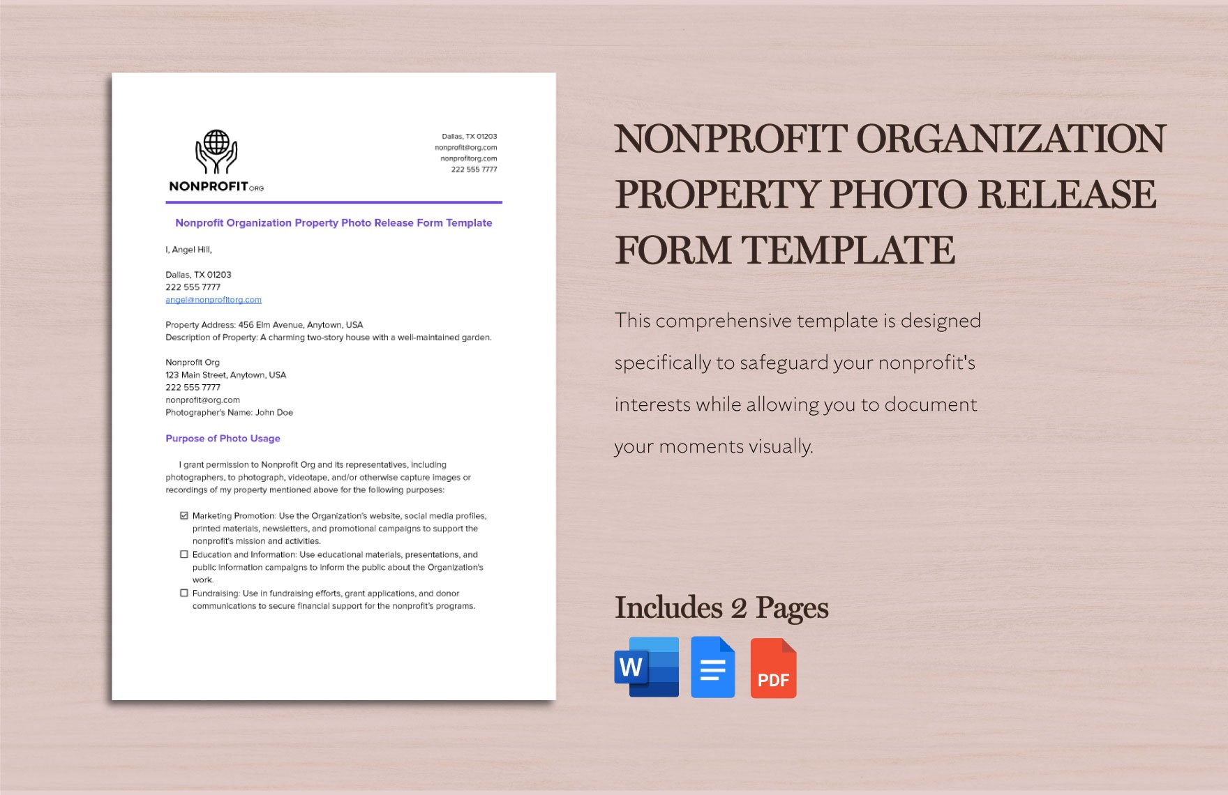 Nonprofit Organization Property Photo Release Form Template