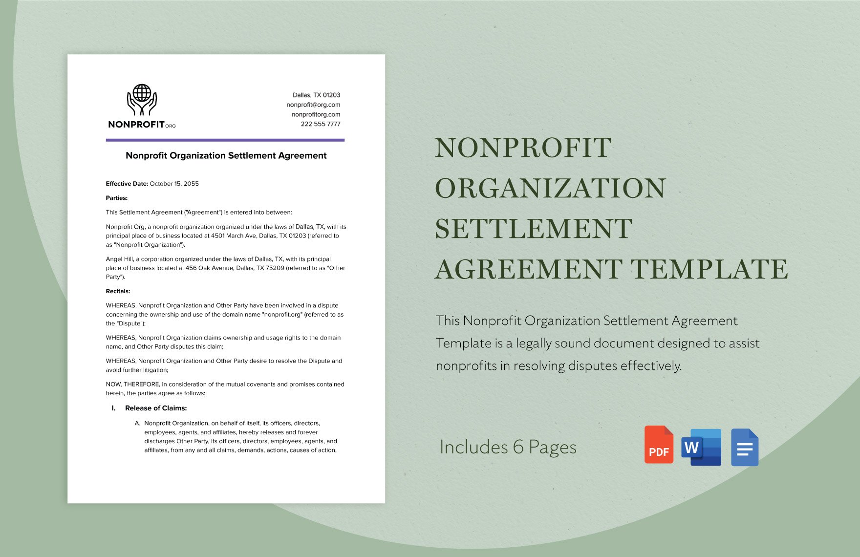 Nonprofit Organization Settlement Agreement Template