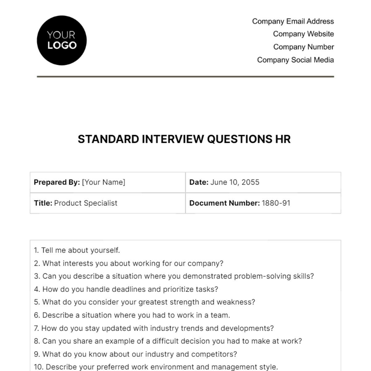 Standard Interview Questions HR Template Download in Word, Google