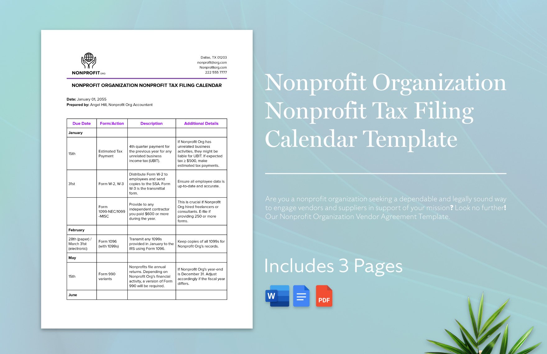 Nonprofit Organization Nonprofit Tax Filing Calendar Template