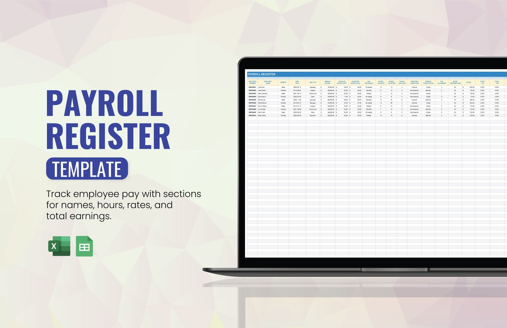 Payroll Register Template in Excel, Google Sheets