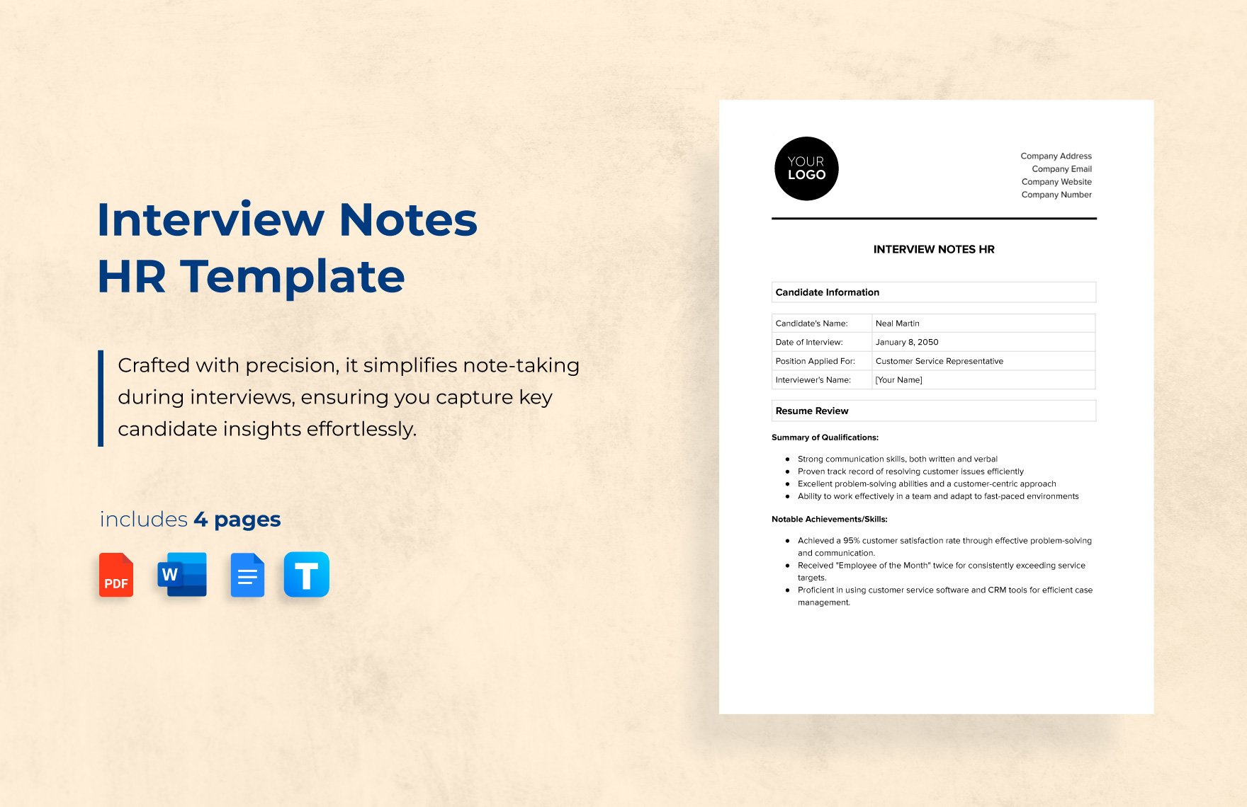 Interview Notes HR Template in Word, Google Docs, PDF