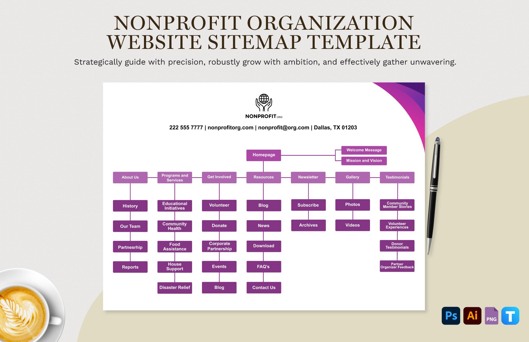 Nonprofit Organization Website Sitemap Template in Illustrator, PSD, PNG
