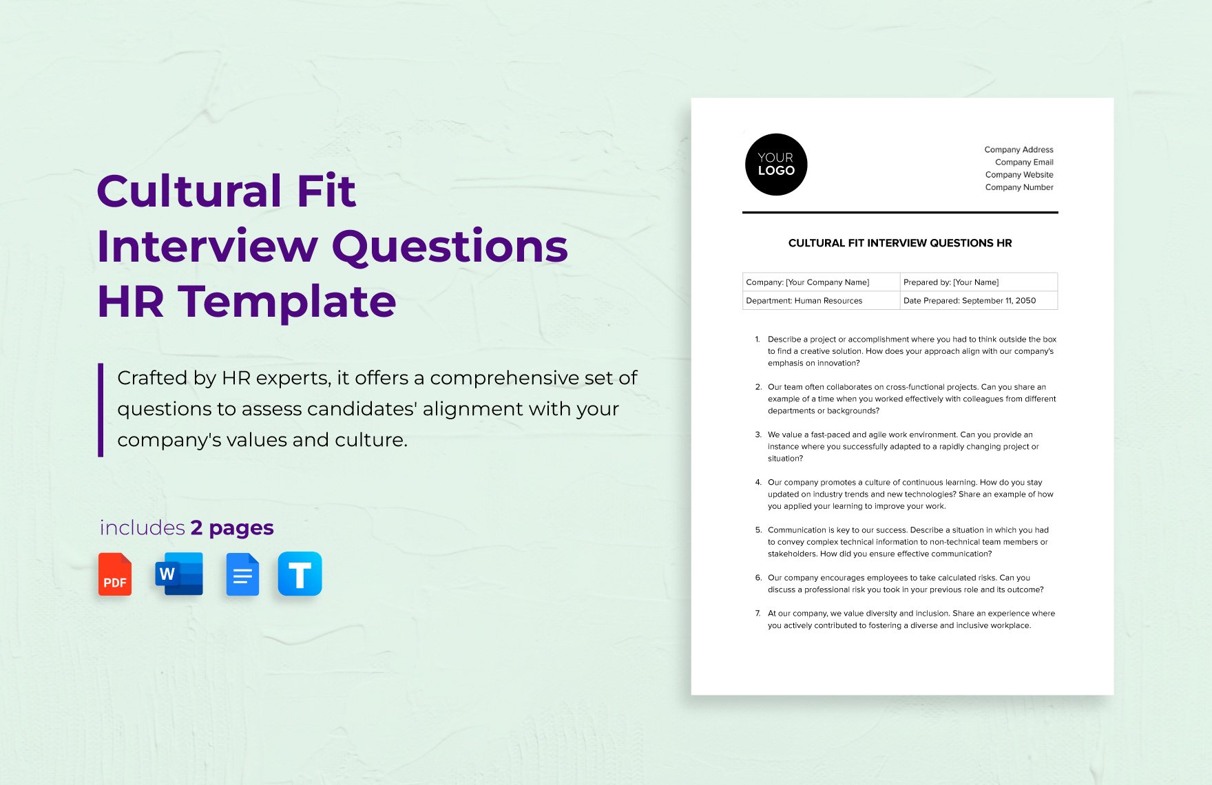 Cultural Fit Interview Questions HR Template in Word, Google Docs, PDF