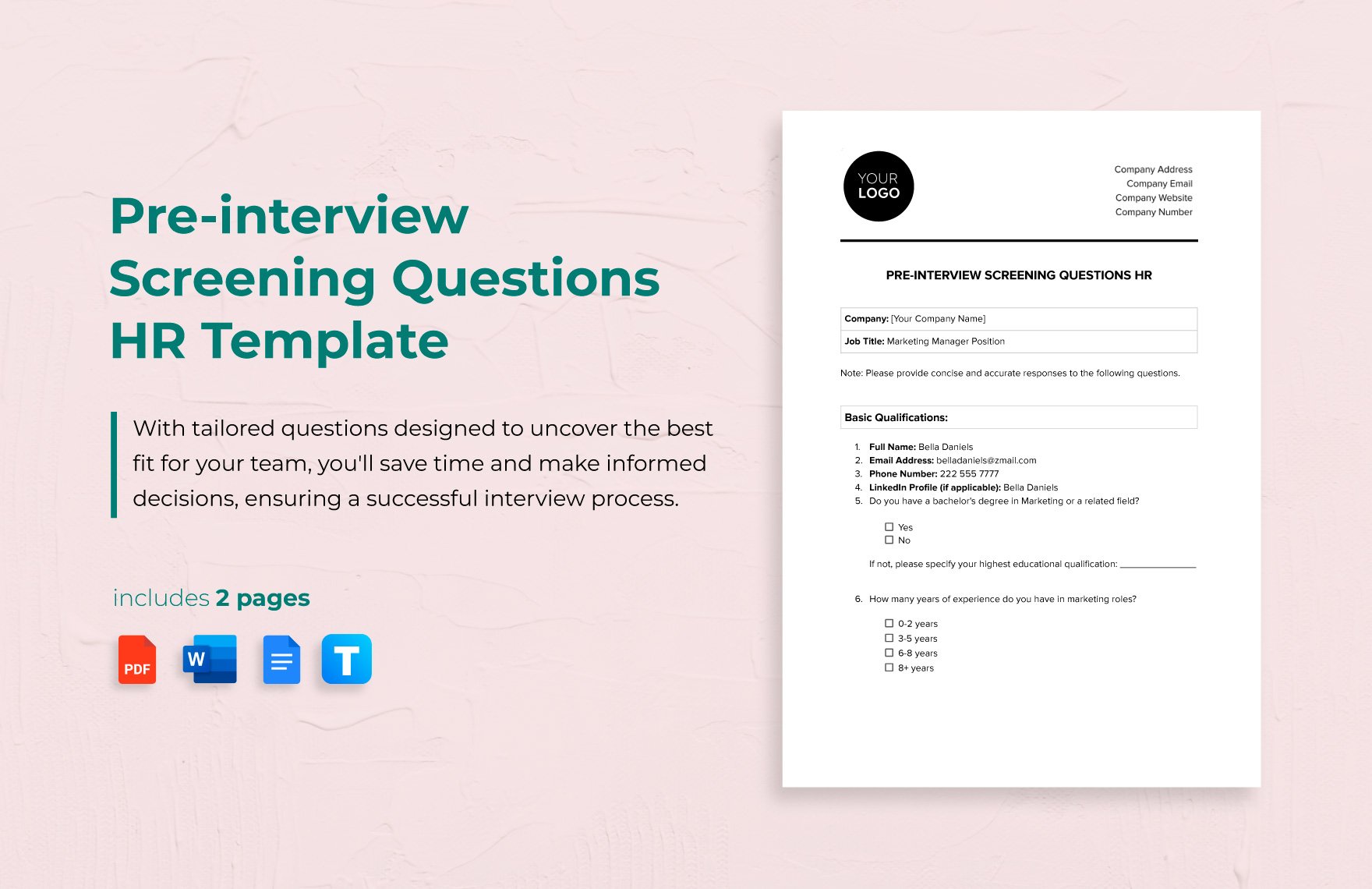 Pre-interview Screening Questions HR Template in Word, Google Docs, PDF