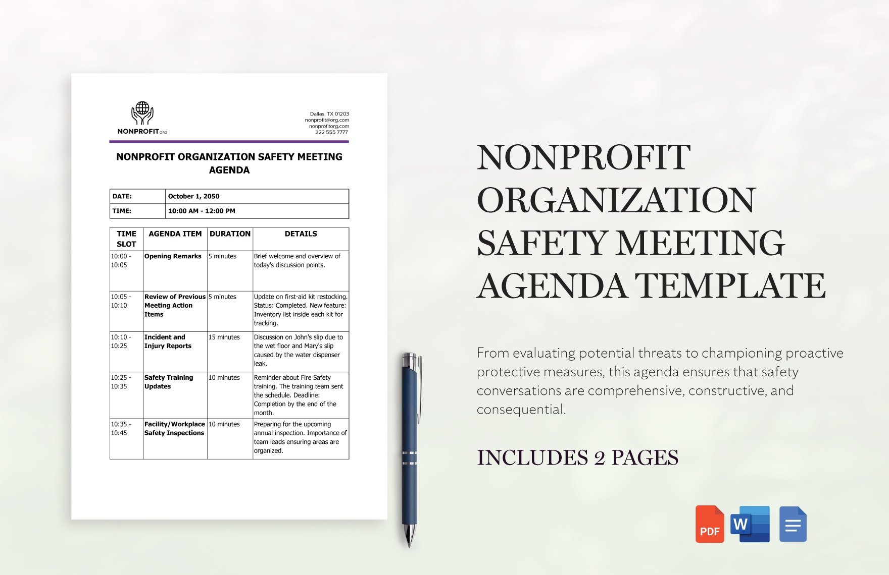 Nonprofit Organization Safety Meeting Agenda Template