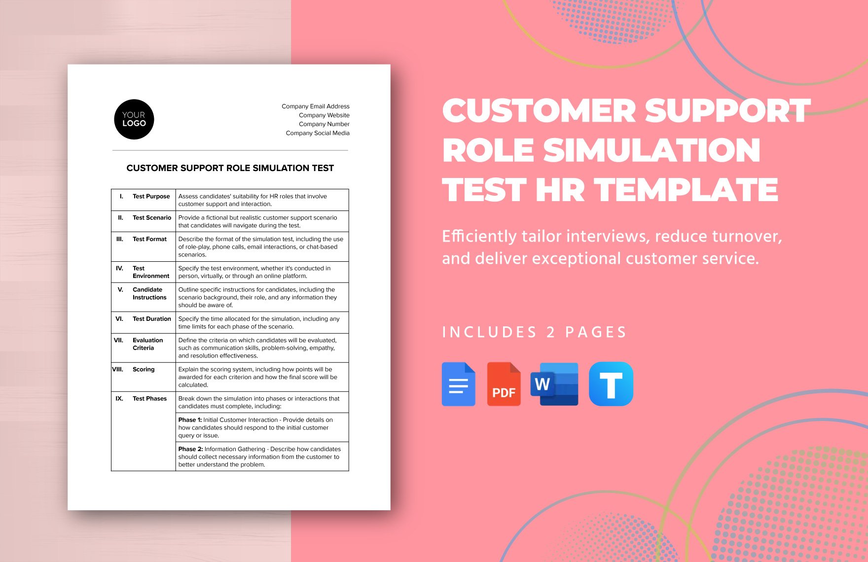 Customer Support Role Simulation Test HR Template in Word, Google Docs, PDF
