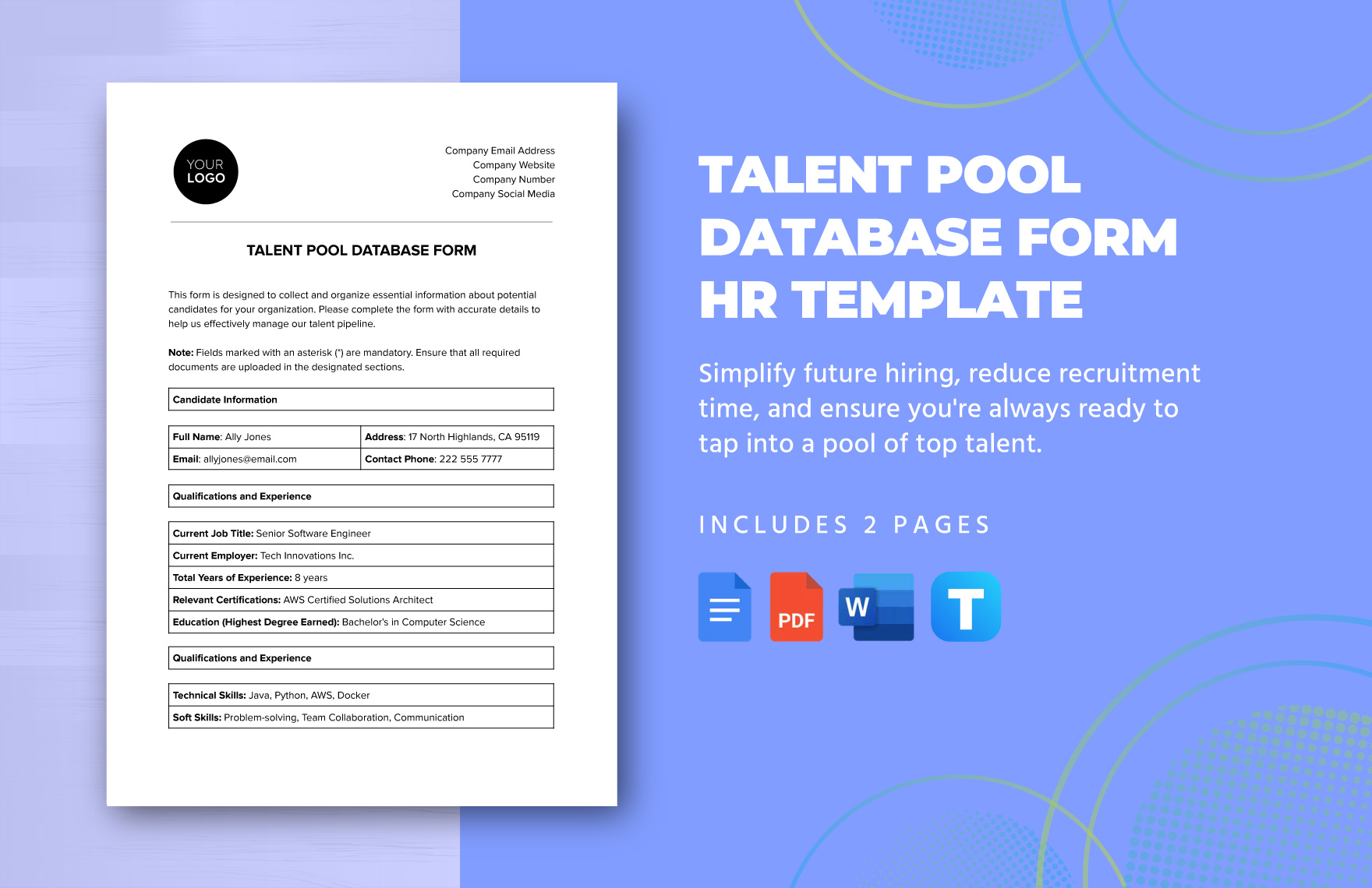Talent Pool Database Form HR Template in Word, Google Docs, PDF