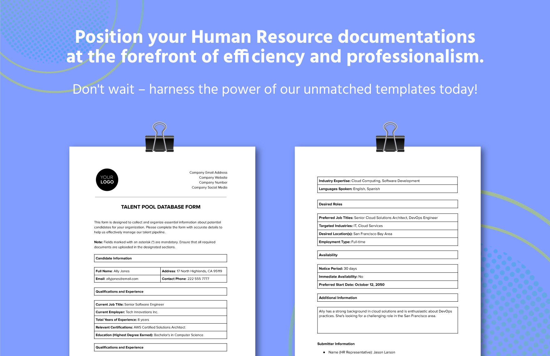 Talent Pool Database Form HR Template