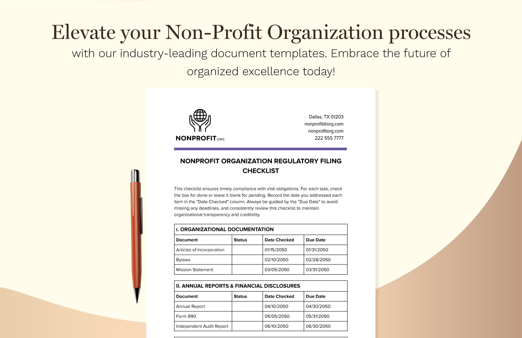 Nonprofit Organization Regulatory Filing Checklist Template
