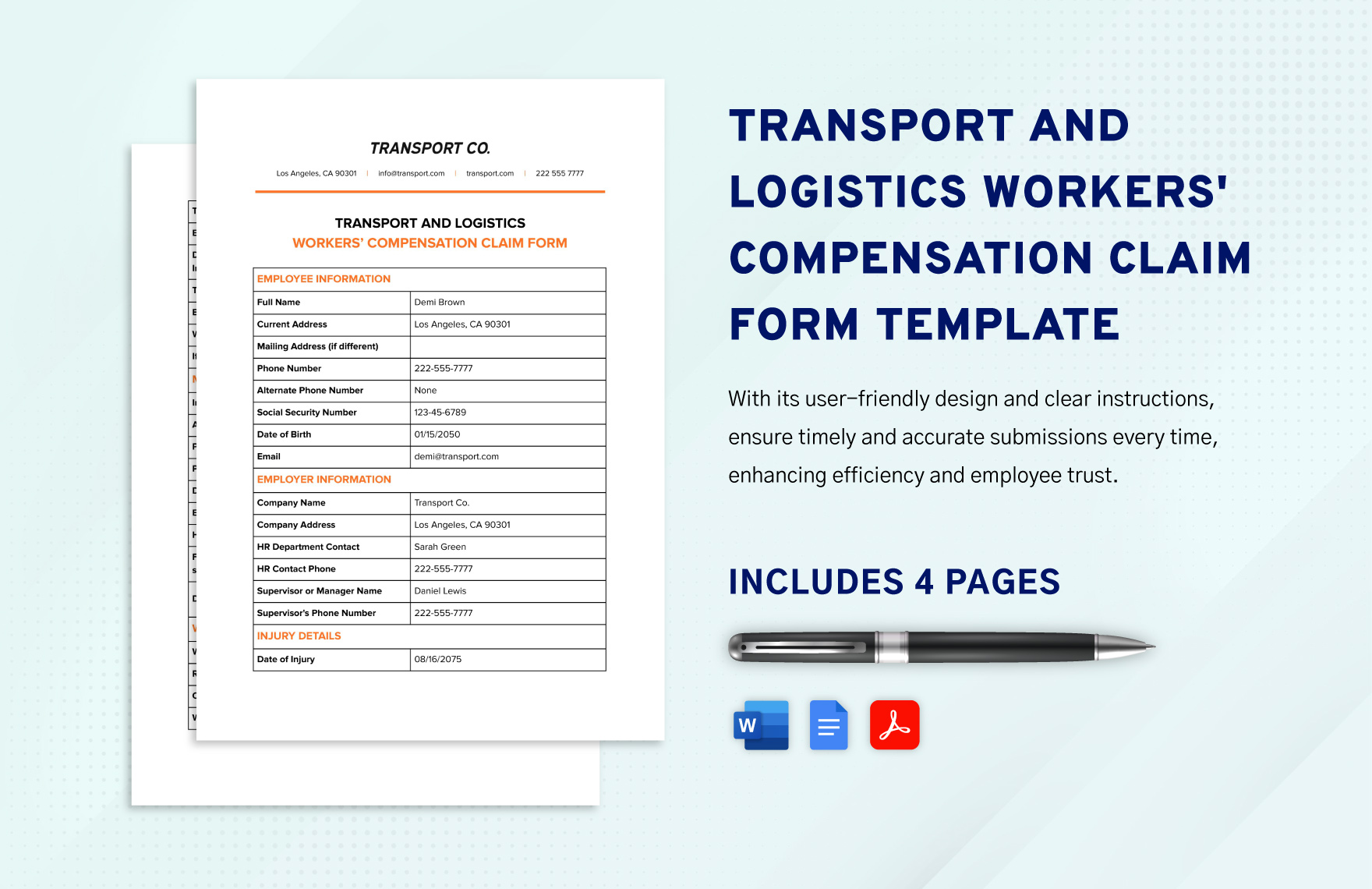 Transport and Logistics Workers' Compensation Claim Form Template