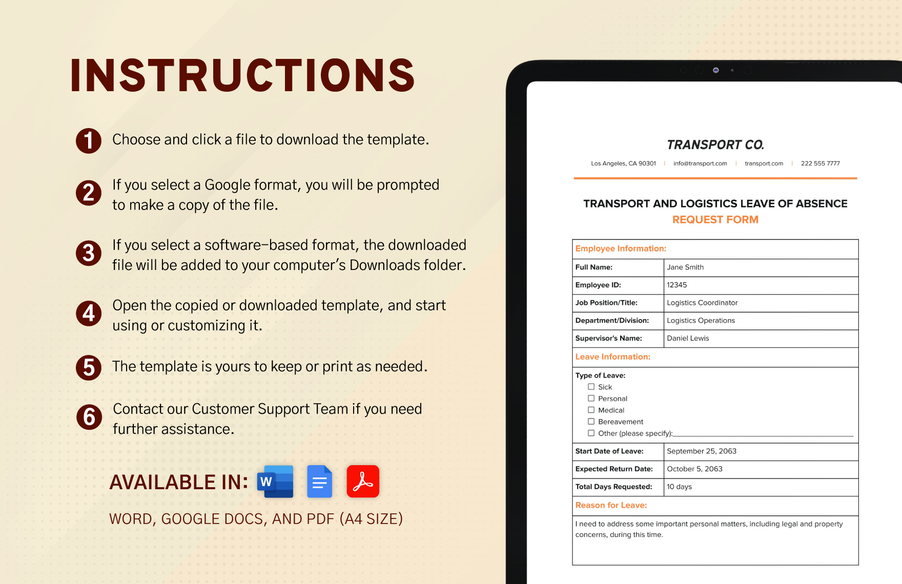 Transport and Logistics Leave of Absence Request Form Template
