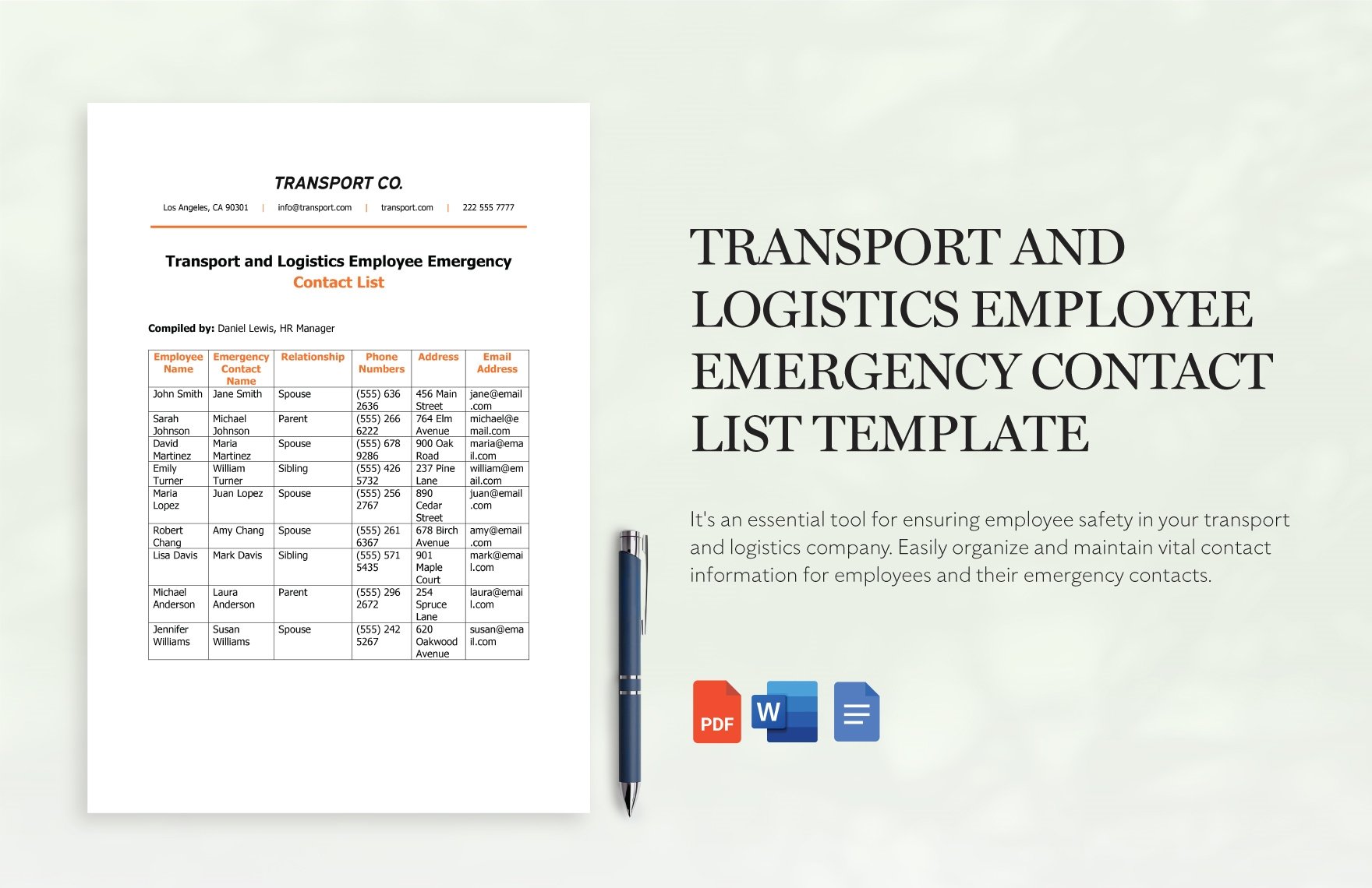 Transport and Logistics Employee Emergency Contact List Template
