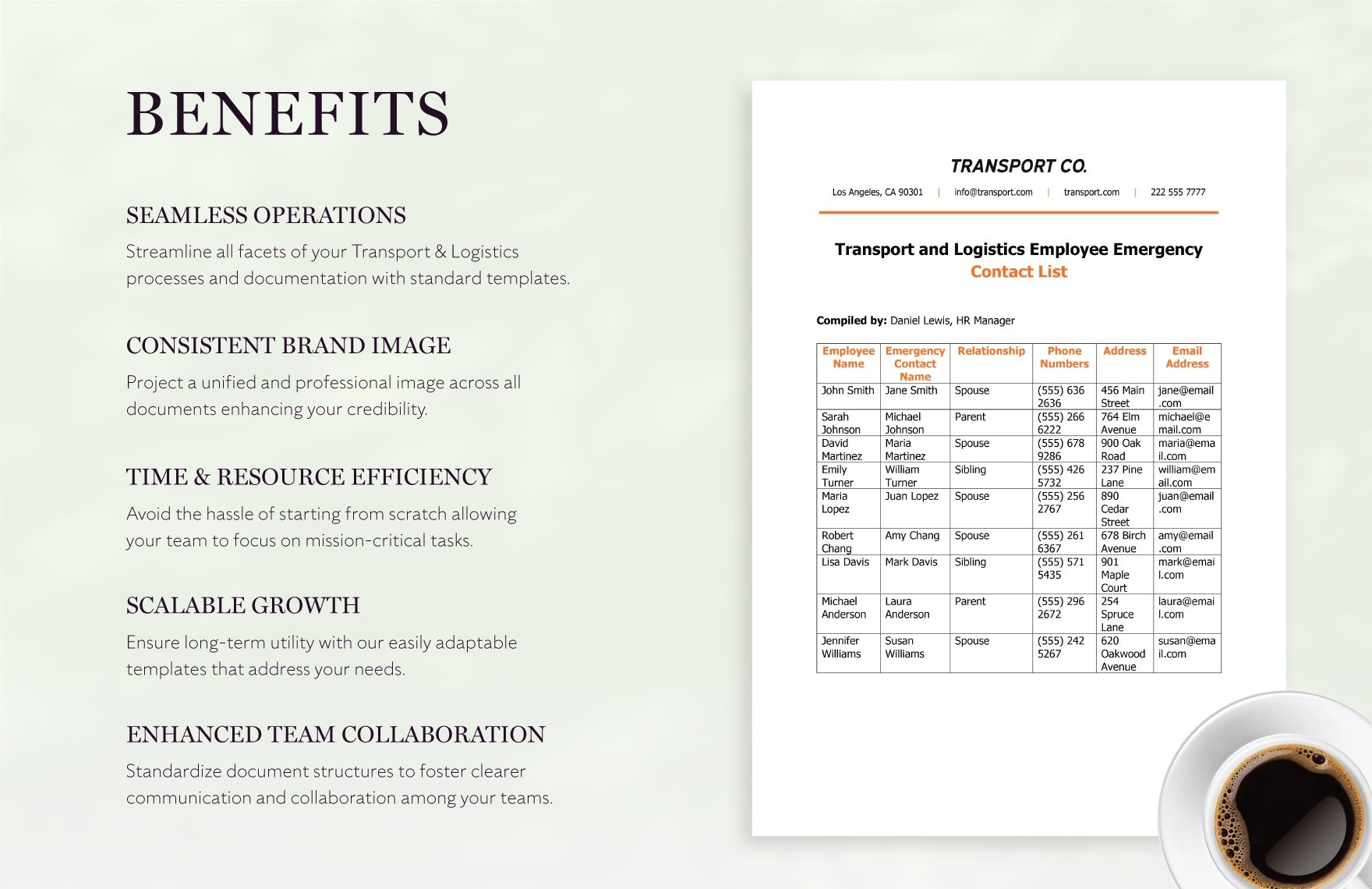Transport and Logistics Employee Emergency Contact List Template