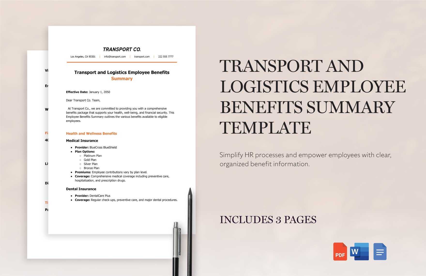 Transport and Logistics Employee Benefits Summary Template