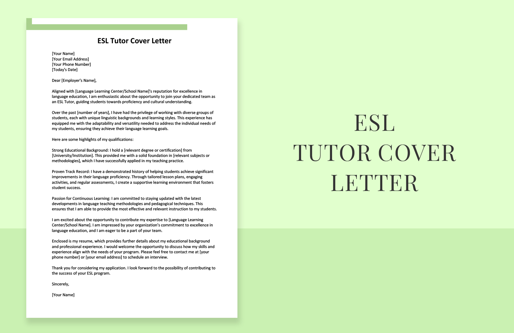 ESL Tutor Cover Letter in Word, Google Docs