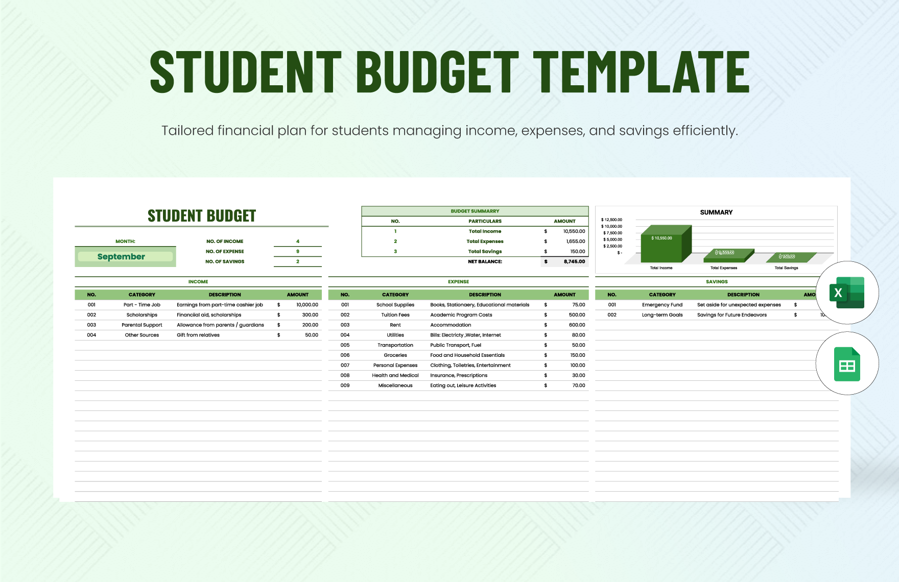 Free Student Budget Template in Excel, Google Sheets