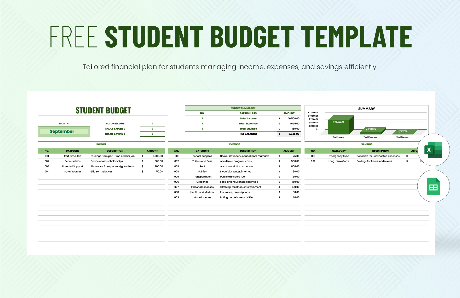 Free Student Budget Template in Excel, Google Sheets
