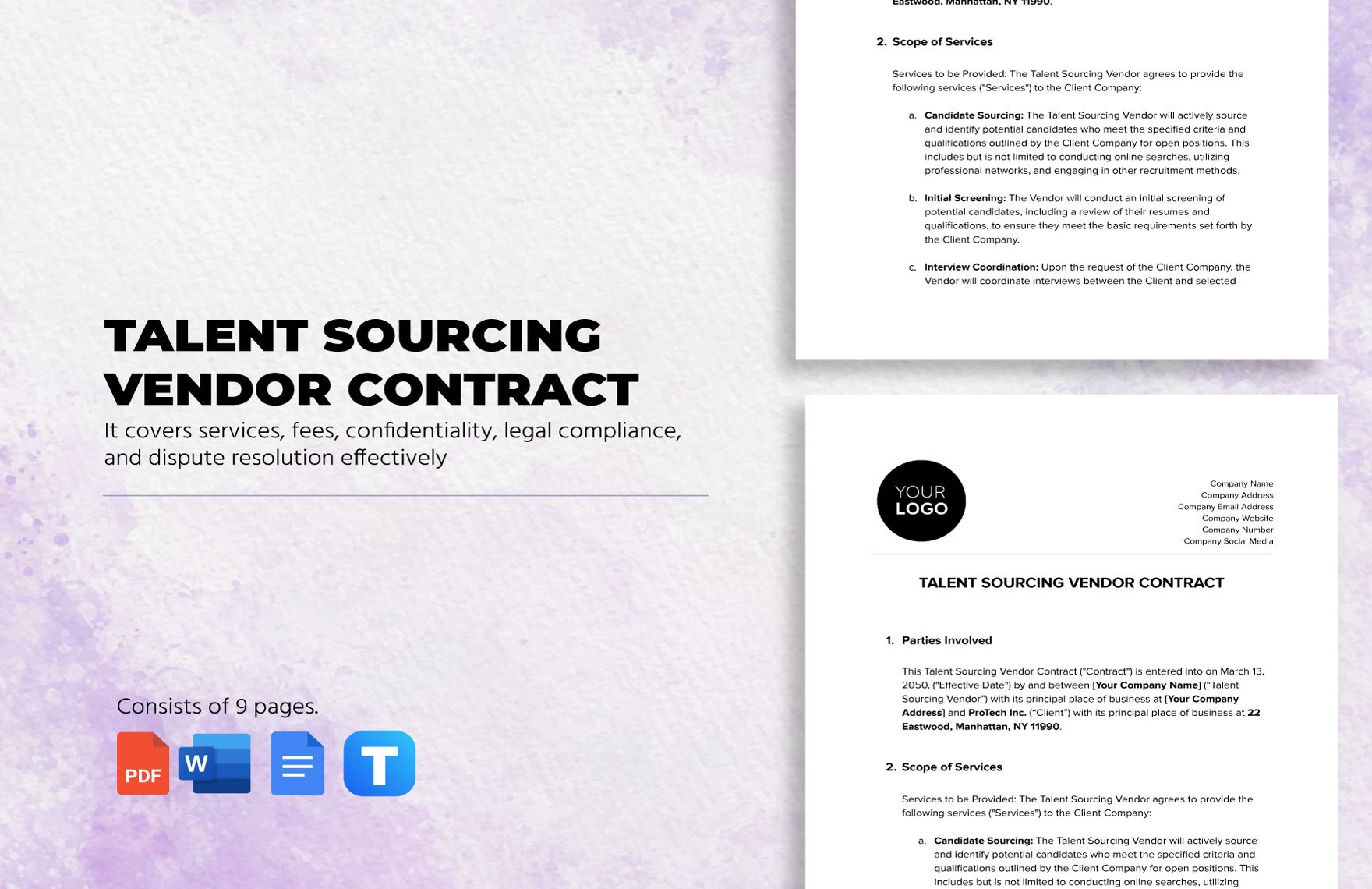 Talent Sourcing Vendor Contract HR Template in Word, Google Docs, PDF